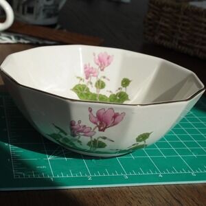 Vintage OTAGIRI Japan Cyclamen Blossom Bowl Gold Trim Octagonal Chip on Rim